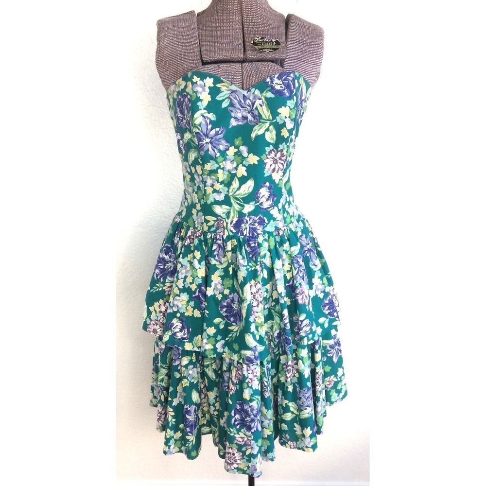 Vintage 80s Dress Laura‎ Ashley Strapless Floral Tiered Cottagecore 32-27-Open S